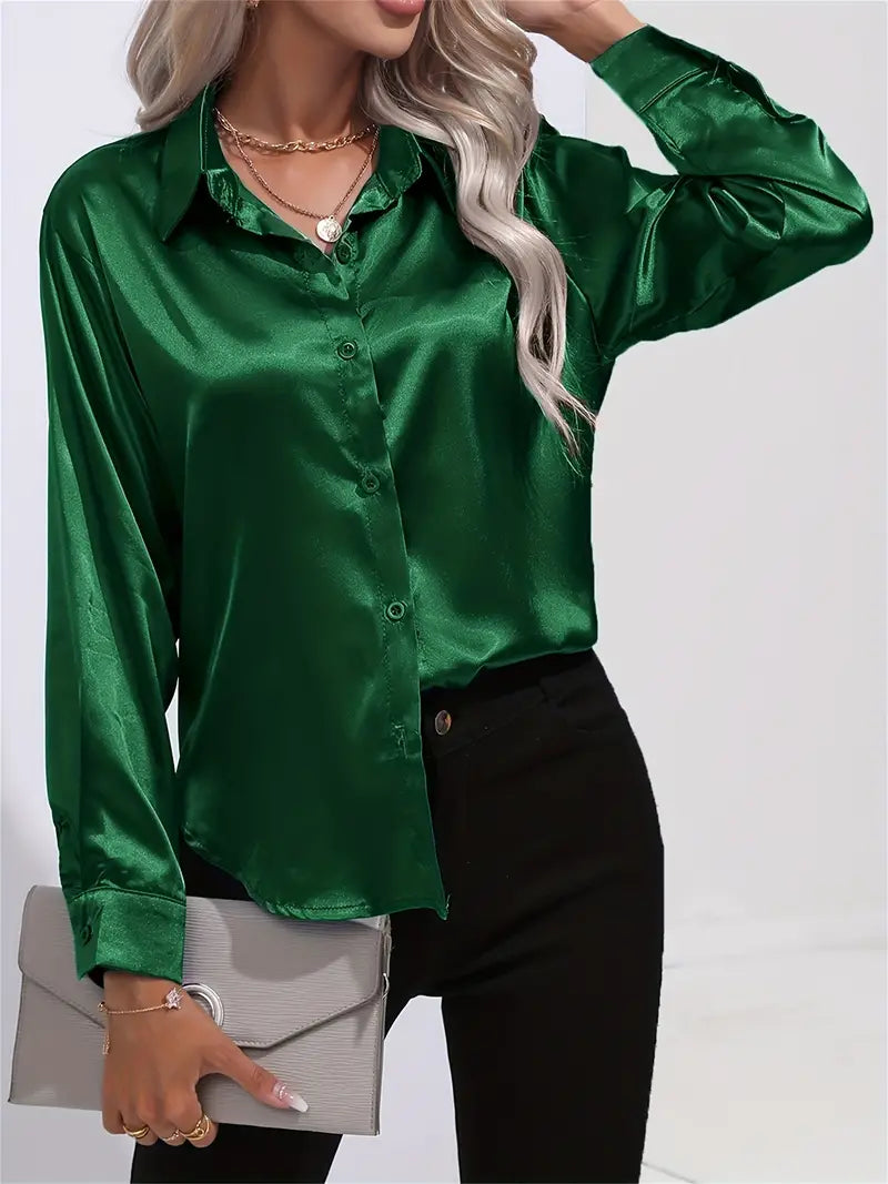 Product Image for Ivyshape | Elegant Long Sleeve Shirt with Button Placket Front and Lapel Collar, Green / 4XL