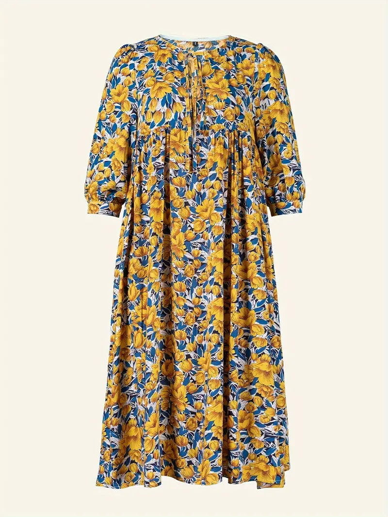 Product Image for Ivyshape | Casual Boho Maxi Dress with Bow V-Neck and Short Sleeves, Yellow + Blue / S