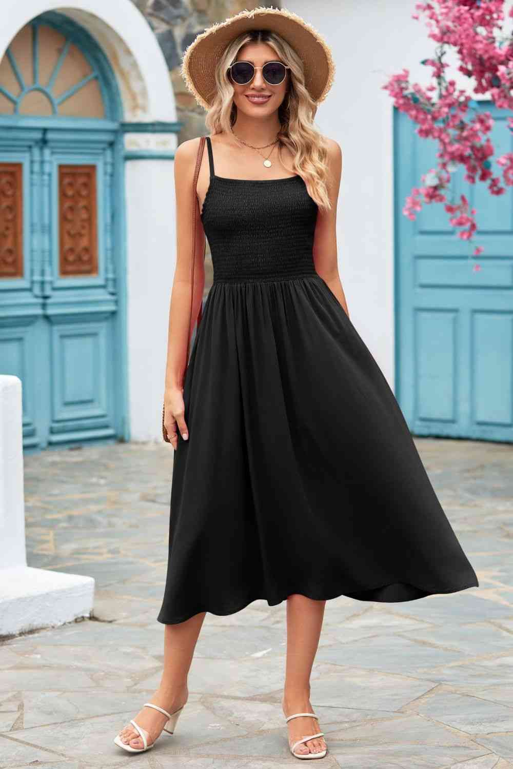 Product Image for Smocked Spaghetti Strap Midi Dress, Black / L