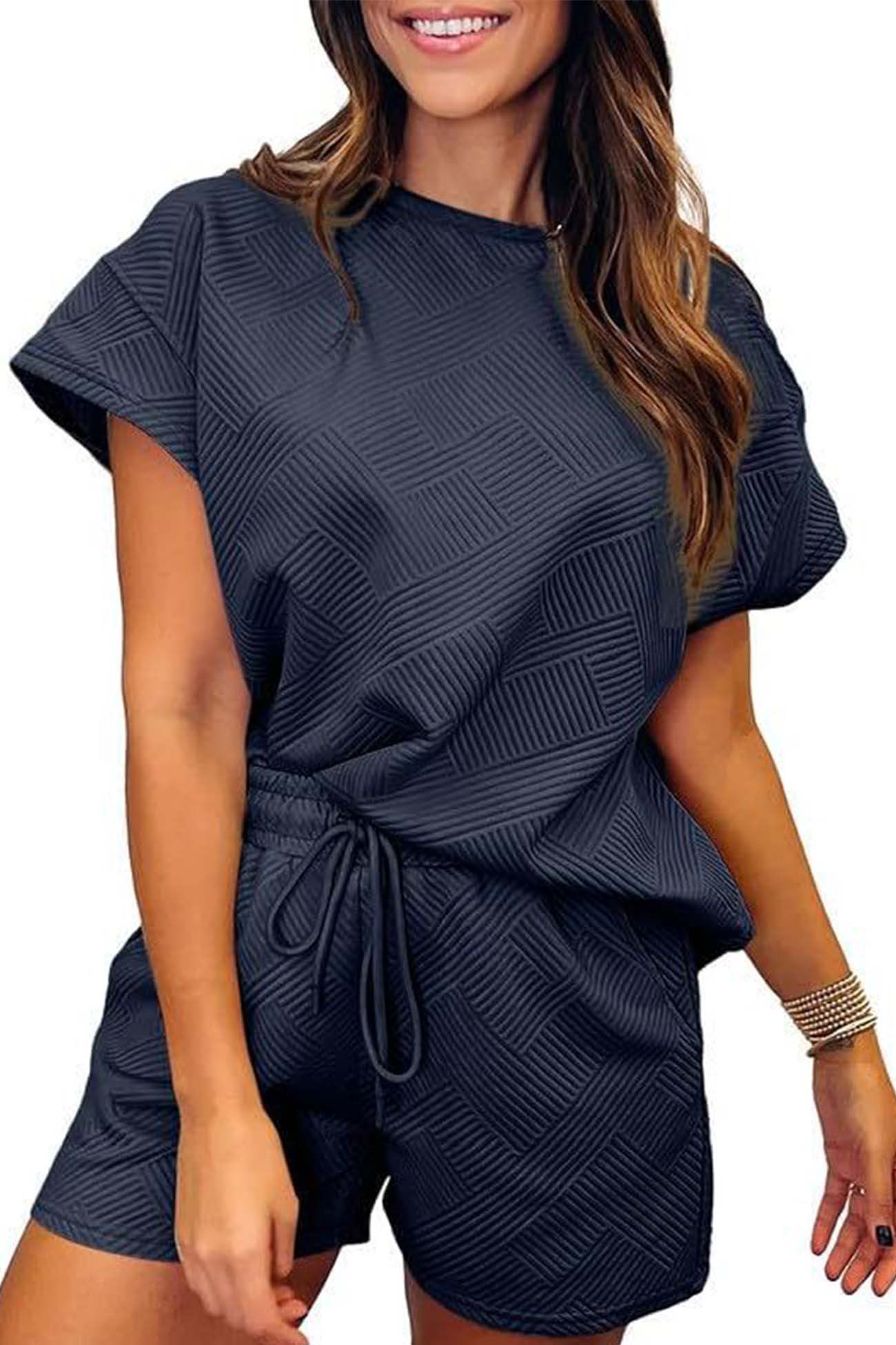 Product Image for Ivyshape | Crew Neck Textured Shorts Two-Piece Set, Dark Blue / S