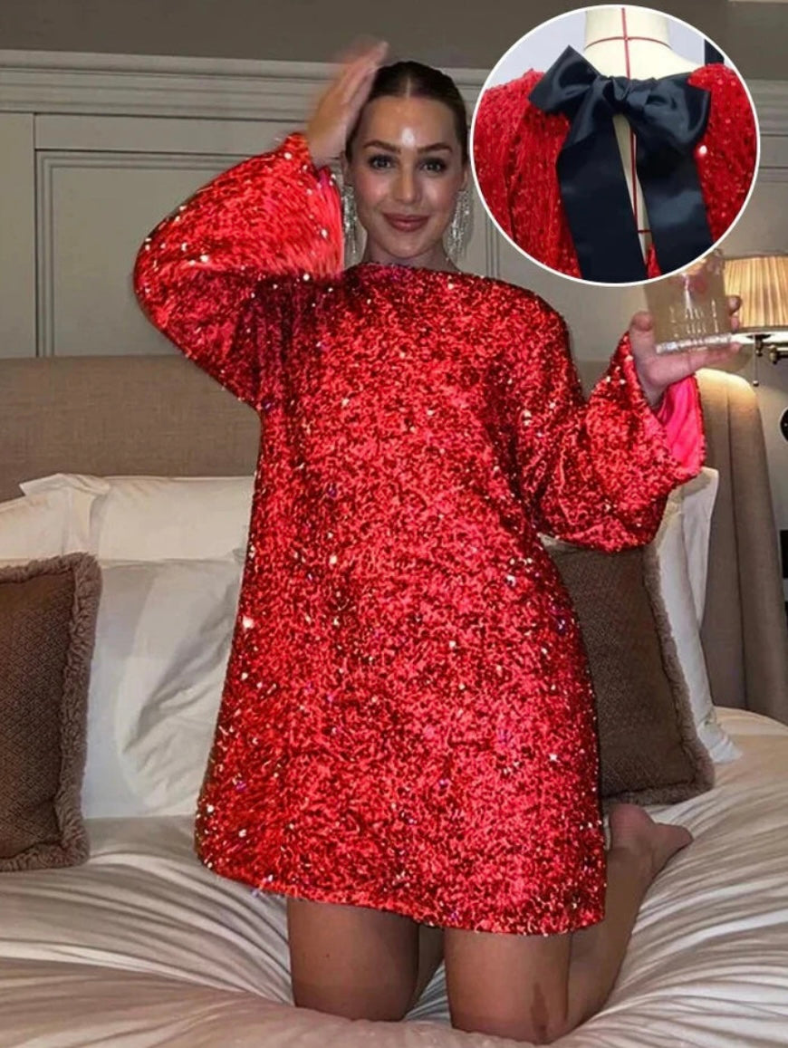 Product Image for Ivyshape | Glamorous Sequin Bow Dress, Red (Almost sold out) / M (10-12)