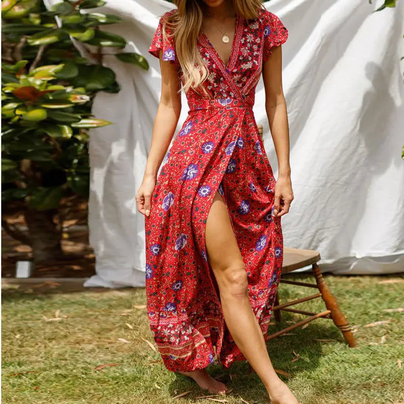 Product Image for Ivyshape | Elegant V-Neck Wrap Maxi Dress, Wine red / XL