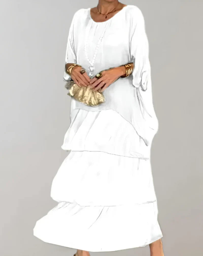 Product Image for Ivyshape | Elegant Maxi Dress with Batwing Sleeves and Tiered Round Neckline, White / M