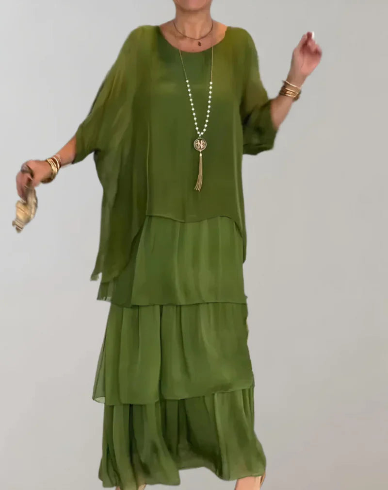 Product Image for Ivyshape | Elegant Maxi Dress with Batwing Sleeves and Tiered Round Neckline, Green / 3XL