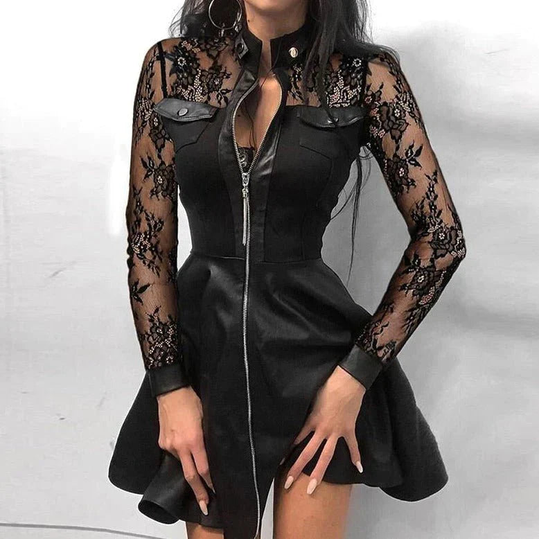 Product Image for Ivyshape | Stylish Leather Dress with Front Zipper for Women, Black - Lace / 2XL