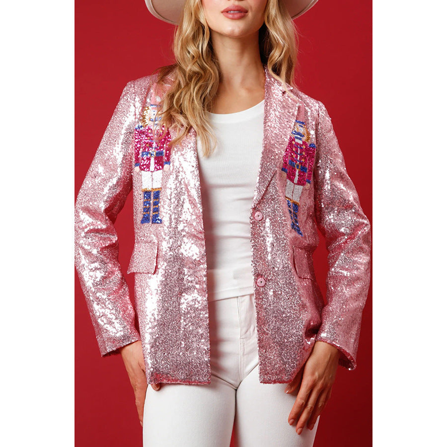 Product Image for Ivyshape | Christmas Nutcracker Sequins Turn-Back Collar Blazer Outerwear, Pink / XL