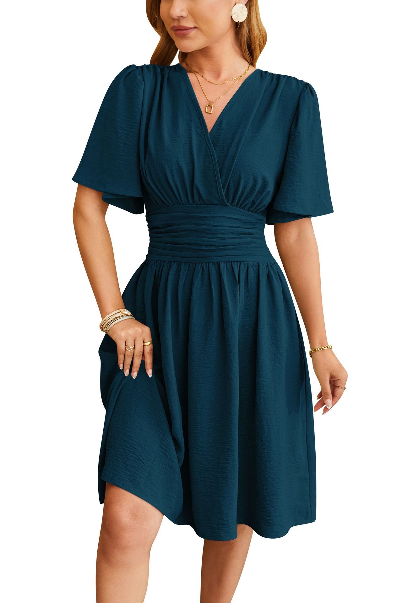 Product Image for IvyShape | V-Neck Cinched Waist Bell Sleeve Fashion Dress, Aqua blue / XXL