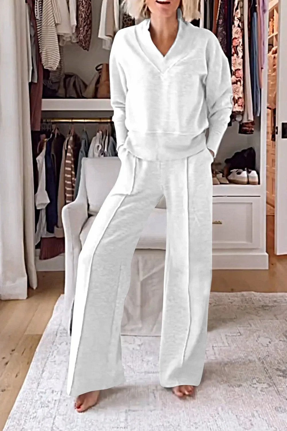 Product Image for IvyShape | Loose top and wide leg pant set, White / 5XL