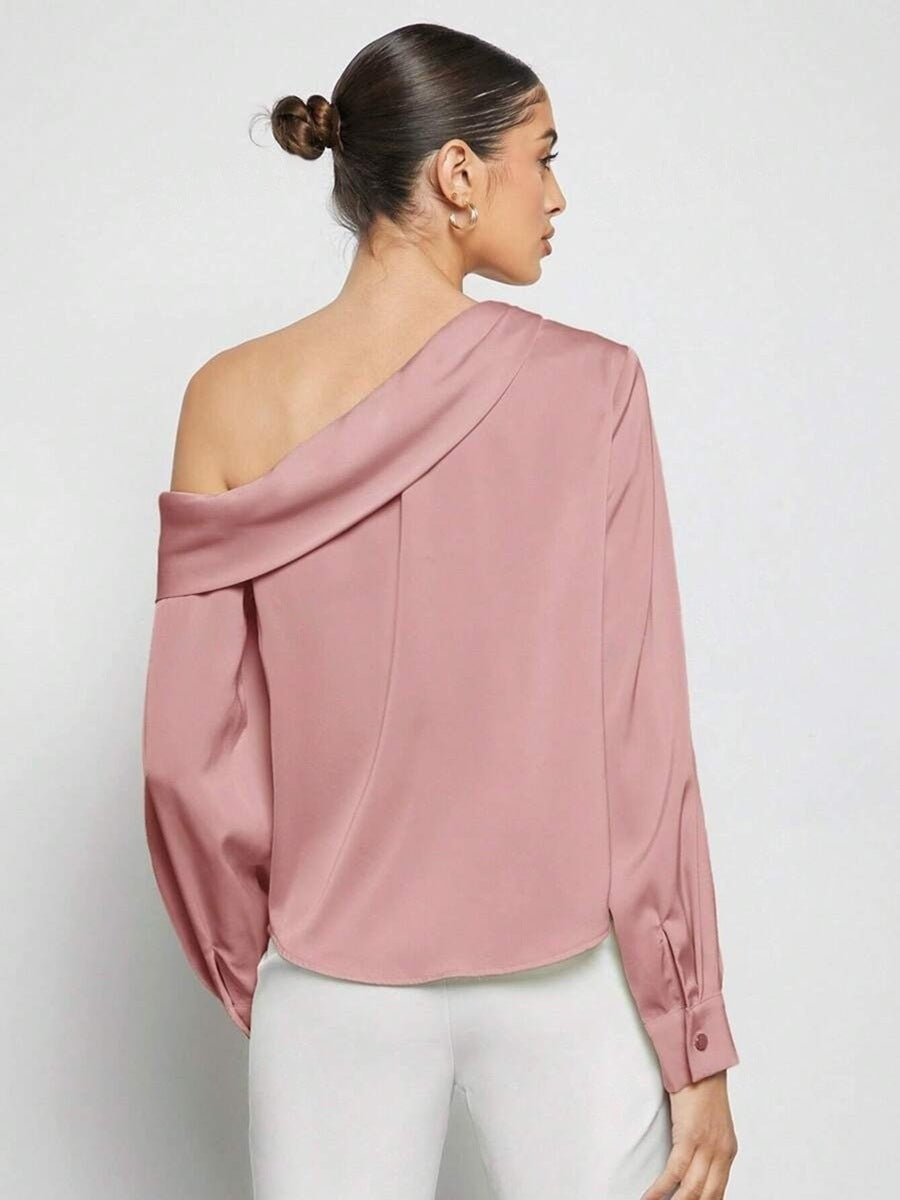 Product Image for IvyShape | Off-Shoulder Asymmetric Wrinkled Satin Shirt Top, Pink / L