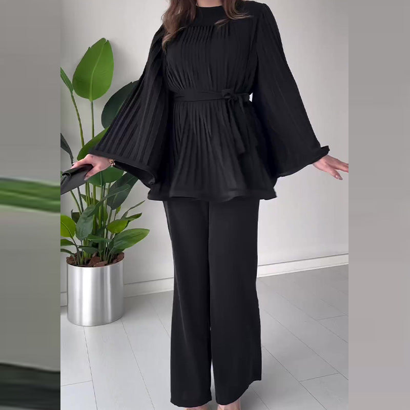 Product Image for Ivyshape | Suit: Crew-Neck Batwing Sleeve Pleated Large Swing Top, Black / XL