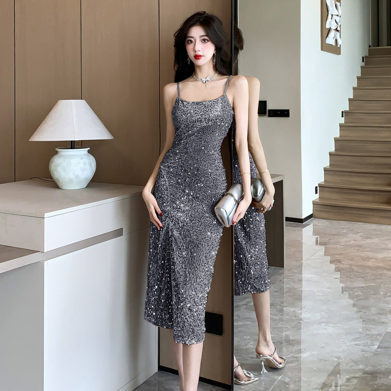 Product Image for IvyShape | Spaghetti Strap Bright Shiny Light Luxury Evening Dress, Silver / L