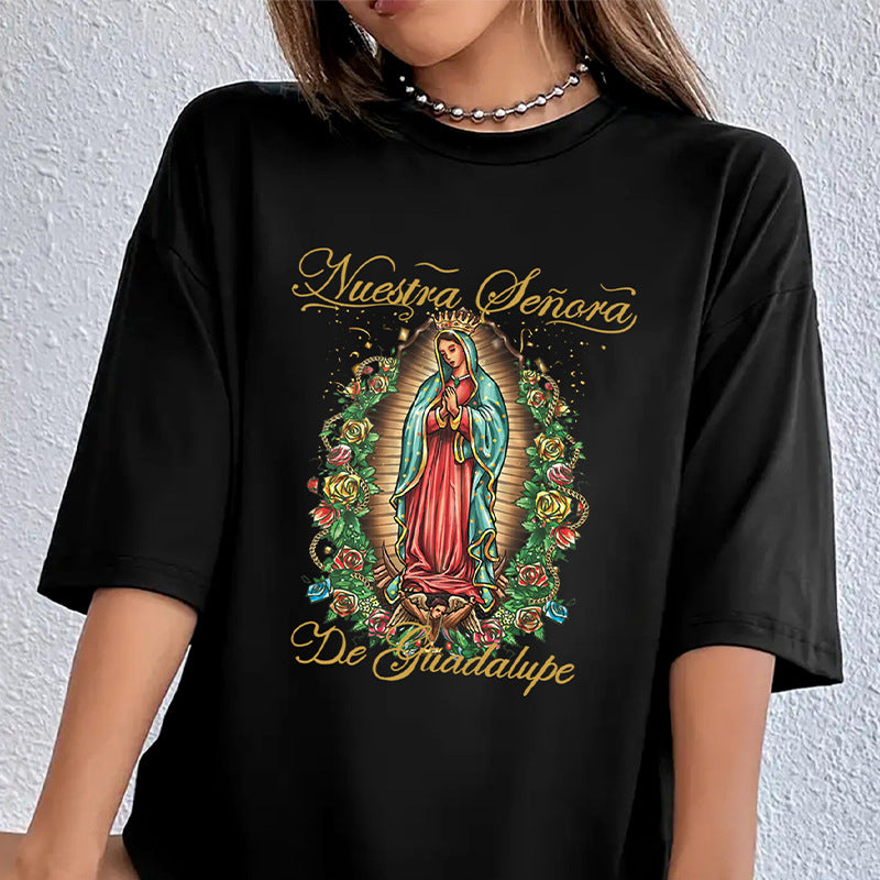 Product Image for IvyShape | Virgin Mary Print Midi Length Tee, black / XS