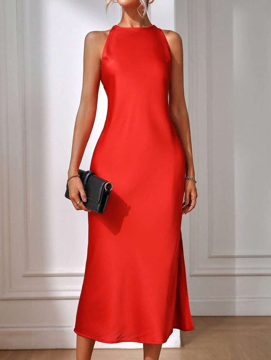 Product Image for IvyShape | Split Color Satin Long Imitation Silk Skirt, Red / M