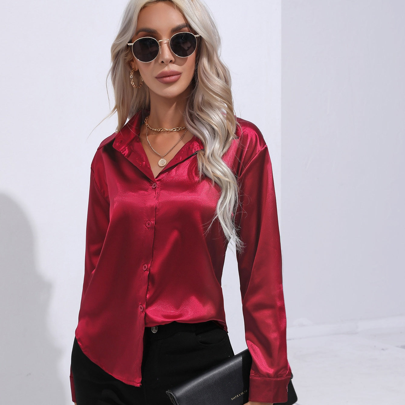 Product Image for Elegant Satin Slim Shirt for Women, Red / XXXL