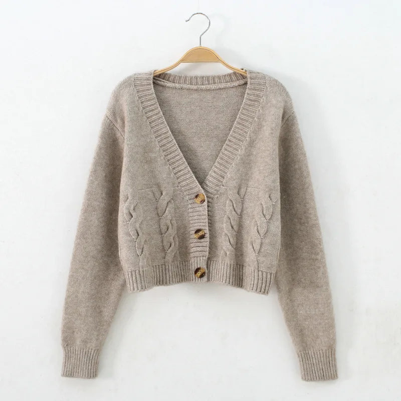 Product Image for Ivyshape | V-Neck Cropped Long Sleeve Cardigan Women, Khaki / One size