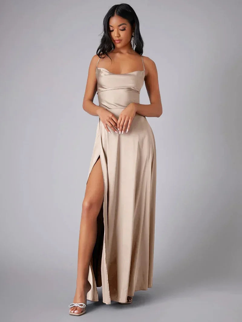 Product Image for Ivyshape | Silk Maxi Dress with Braided Back Dress Yourself for Formal Occasions Lucette, Light Brown / XL