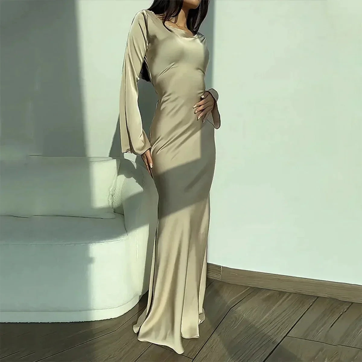 Product Image for Ivyshape | Elegant Long Sleeve Party Dress Made Of Satin Willemein, Apricot / M