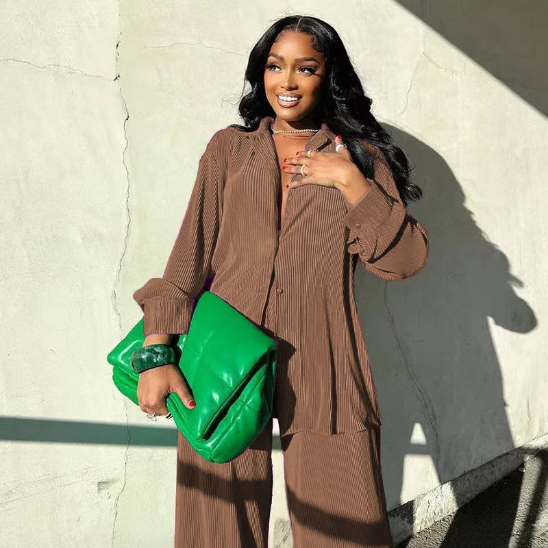 Product Image for Ivyshape | Women's 2-Piece Set Long Sleeve Oversized Blouse and Wide Leg Pants, Dark brown / S
