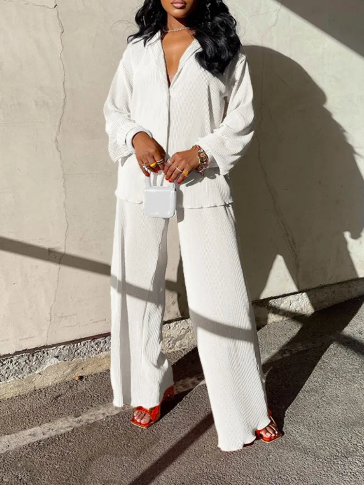 Product Image for Ivyshape | Women's 2-Piece Set Long Sleeve Oversized Blouse and Wide Leg Pants, White / XXL