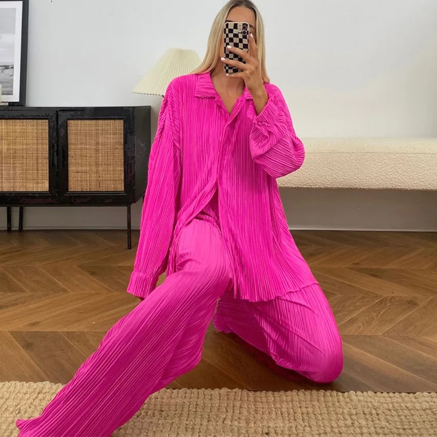 Product Image for Ivyshape | Women's 2-Piece Set Long Sleeve Oversized Blouse and Wide Leg Pants, Fuchsia / S