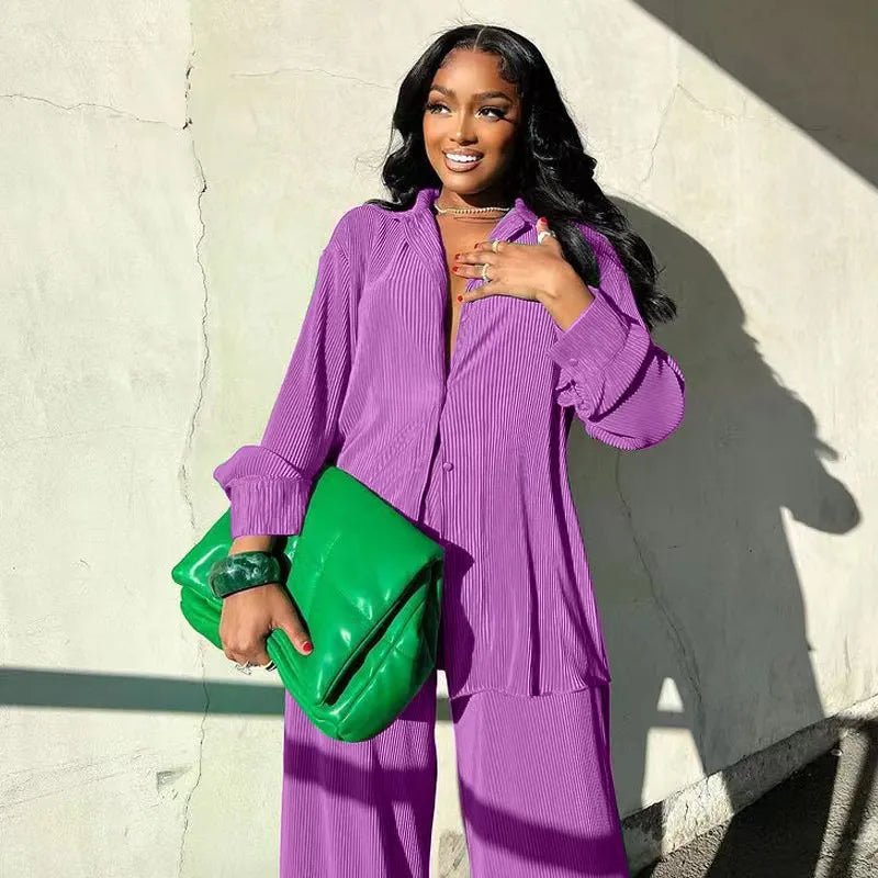 Product Image for Ivyshape | Women's 2-Piece Set Long Sleeve Oversized Blouse and Wide Leg Pants, Hellpurple / S