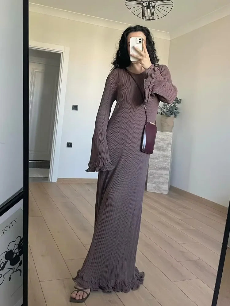 Product Image for Ivyshape | Elegant Knitted Maxi Dress with Open Back and Ruffles for Women Addera, Chocolate brown / L