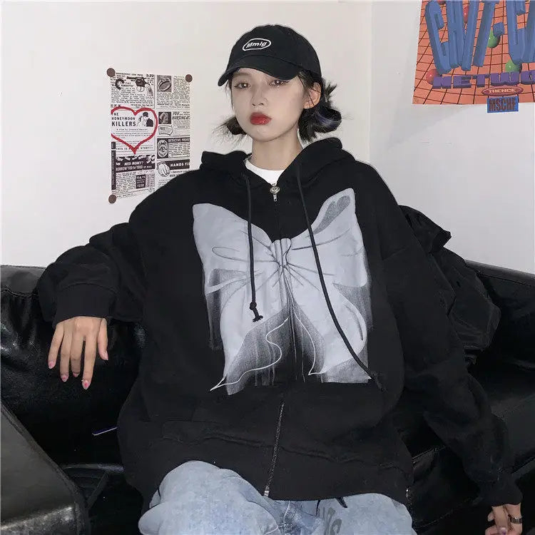 Product Image for Zipped-Up Hoodie With Bow Print In Front & Back, black / S