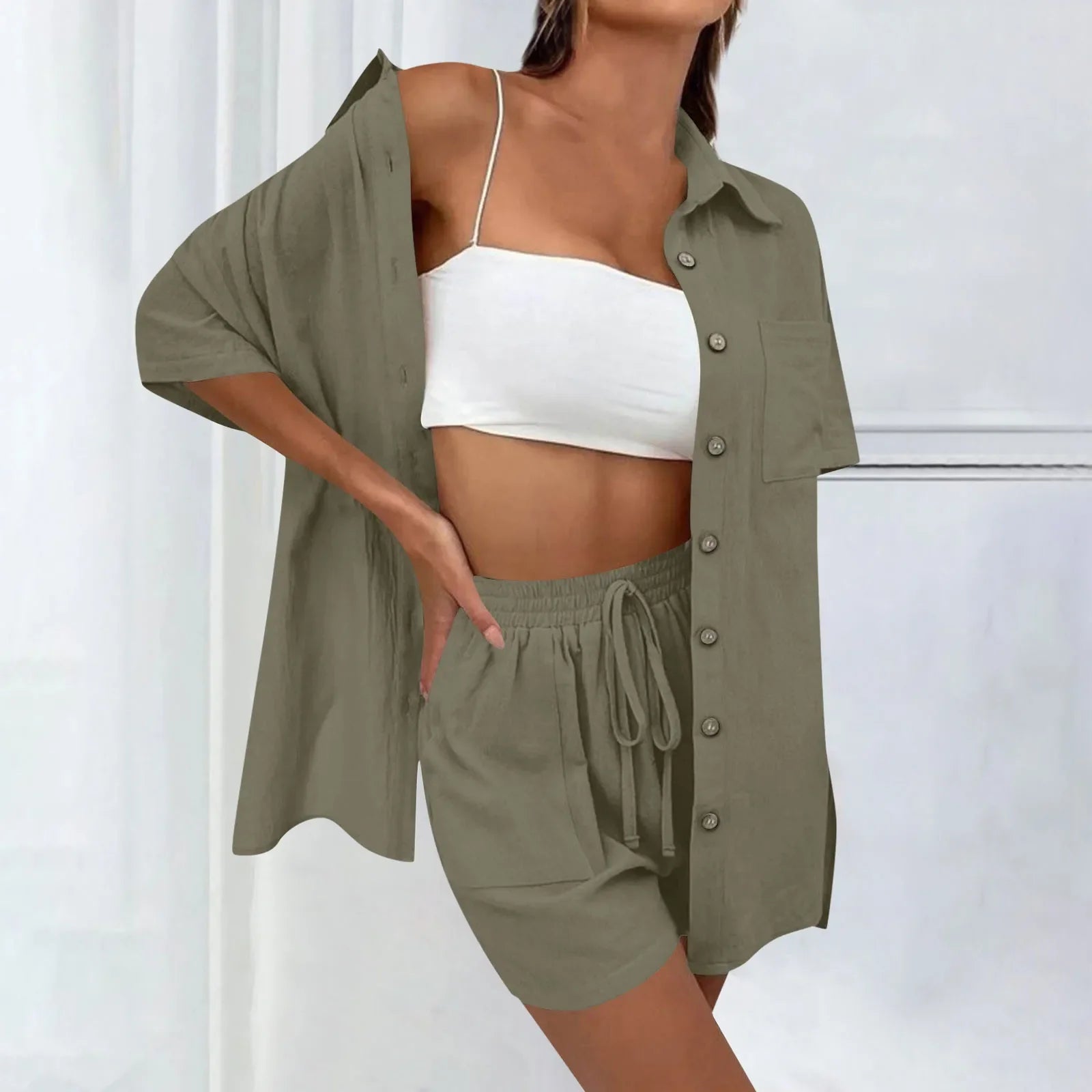 Product Image for Ivyshape | Comfy Loose Top and Casual Short Set, Army Green / XL