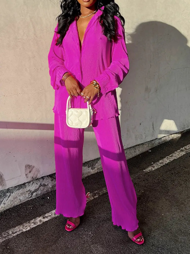 Product Image for Ivyshape | Women's 2-Piece Set Long Sleeve Oversized Blouse and Wide Leg Pants, Rosa Red / M