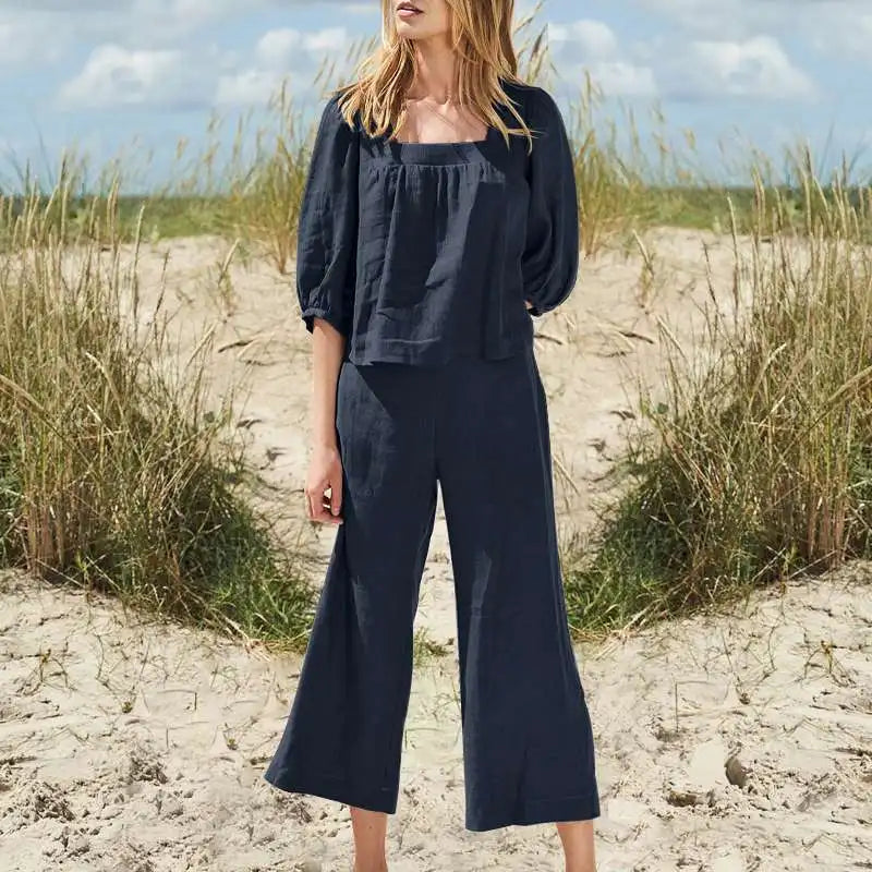 Product Image for Ivyshape | Vintage Pantsuit In Cotton and Linen for Women, Black / 4XL