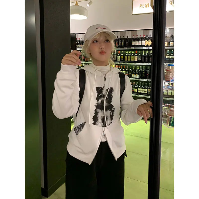 Product Image for Kawaii Dog Print Zip Up Hoodie, White / XXL