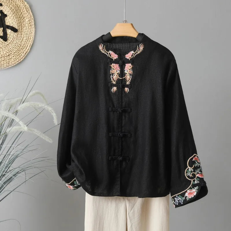 Product Image for Ivyshape | Chinese Ethnic Style Vintage Embroidery Linen Blouses, Black / 3XL
