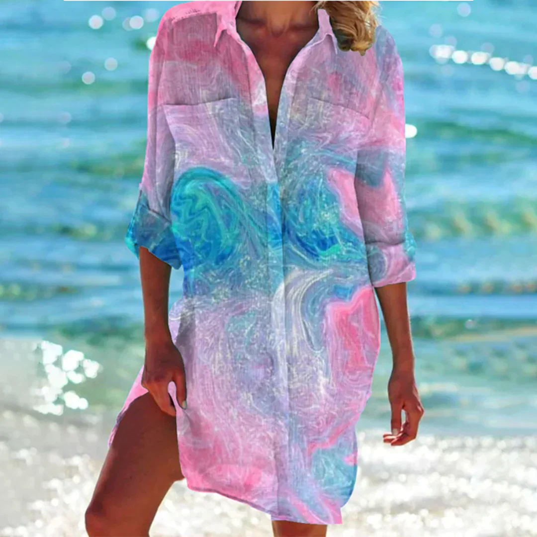 Product Image for Ivyshape | Vibrant Batik Beach Shirt Dress, Rosa Mermaid / S