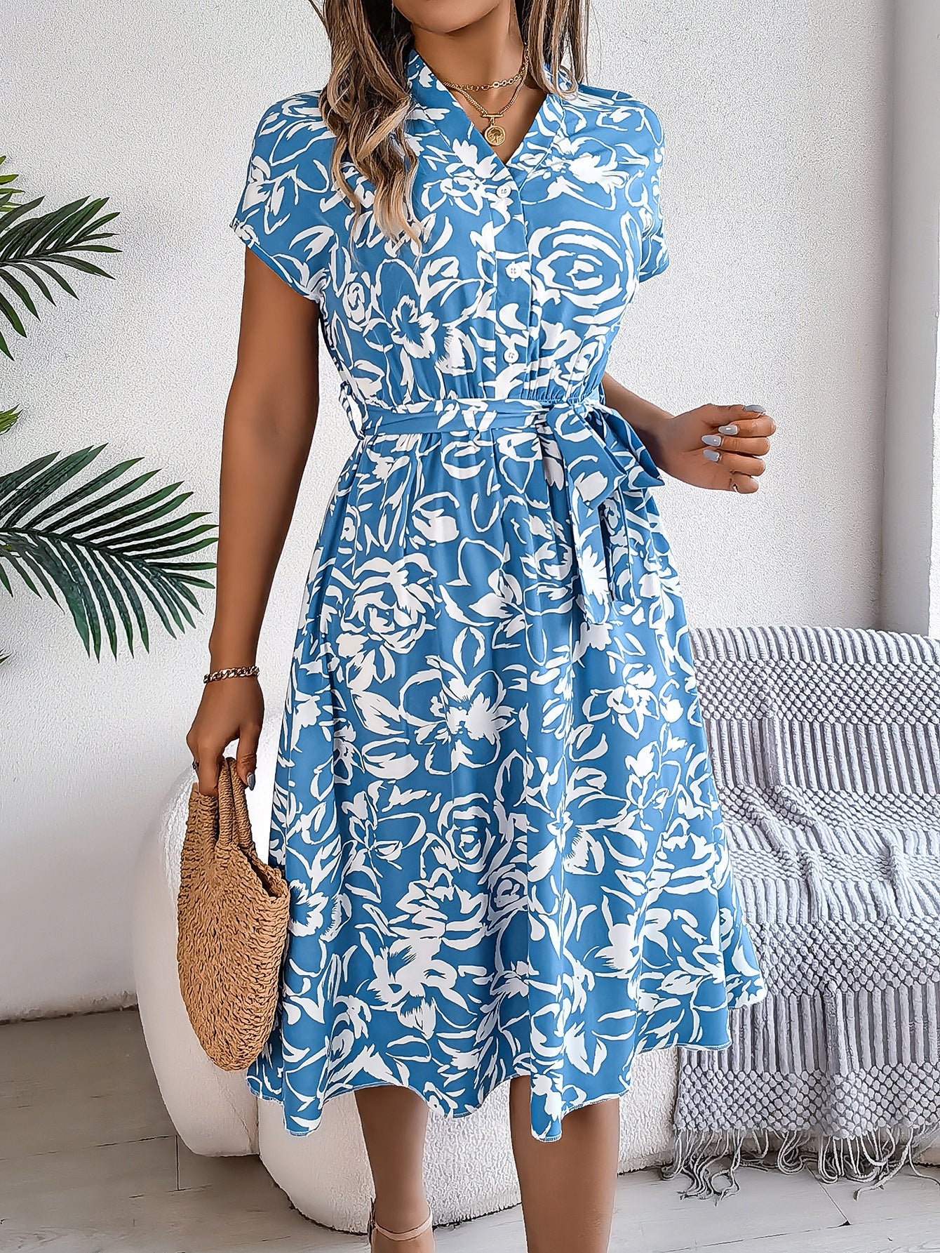 Product Image for Ivyshape | Casual V-Neck Flower Swing Dress with Button and Batwing Sleeves, Light Blue / L
