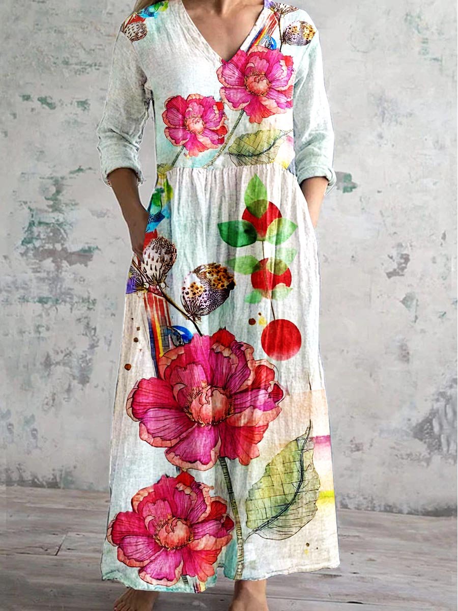 Product Image for Ivyshape | Women's Poppy Print V-Neck Cotton and Linen Dress, White / 2XL