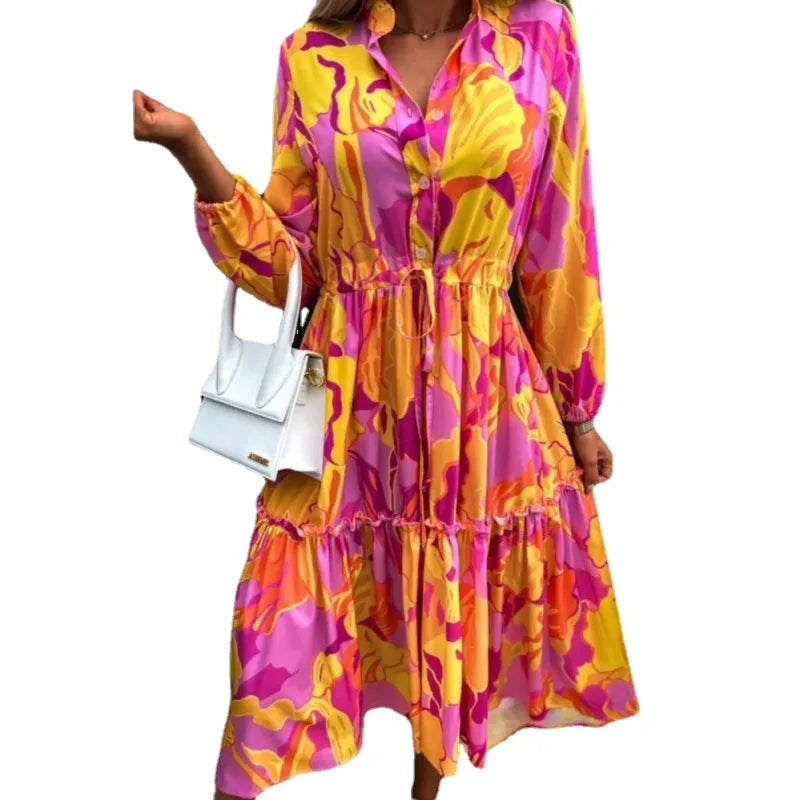 Product Image for Ivyshape | Loose and Stylish Printed Women's Dress with Long Sleeves, Yellow / L