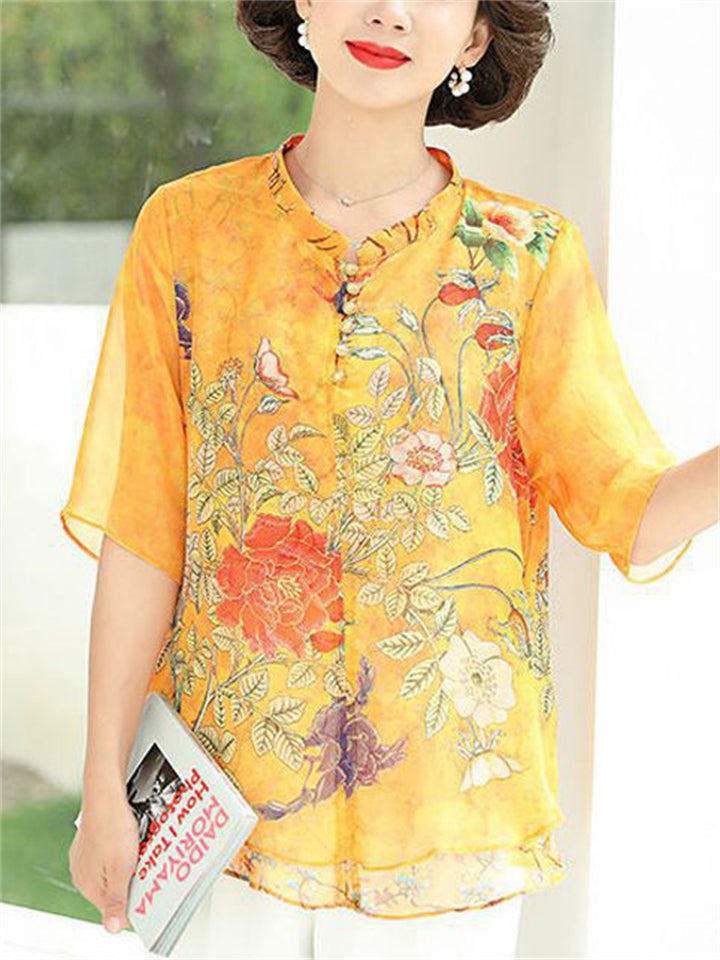 Product Image for Peony Butterfly Print Plus Size Chiffon Shirt for Lady, Yellow / 5XL