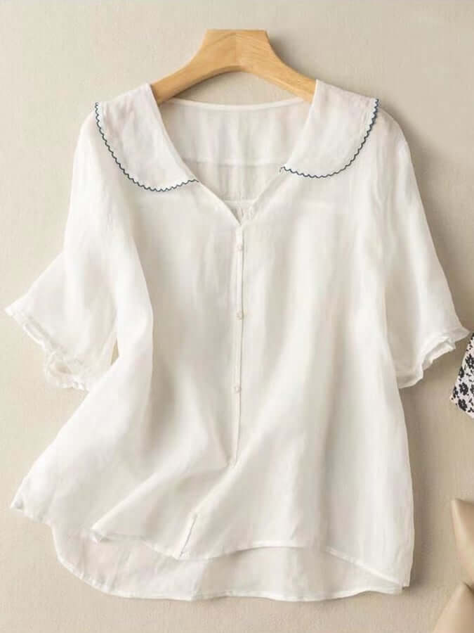 Product Image for Ivyshape | and Linen Retro Short Sleeve Navy Doll Collar Thin Blouse, White / XL