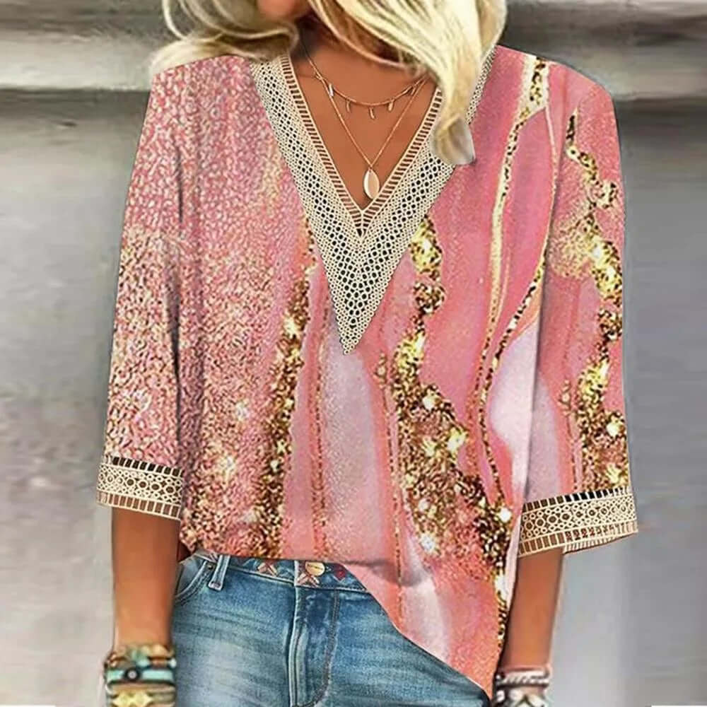 Product Image for Ivyshape | Printed V-Neck Loose Blouse for Women, Rosa / M