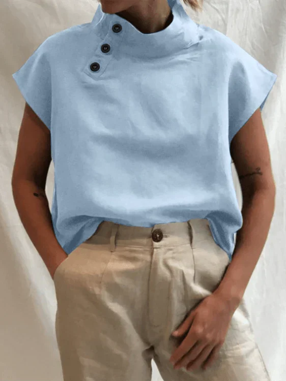 Product Image for Ivyshape | Cotton Blend Stand Collar Blouse for Women, Light Blue / 4XL