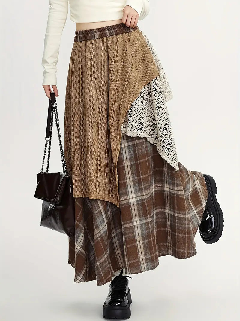Product Image for Ivyshape | Long Checked Boho Skirt, Braun / S