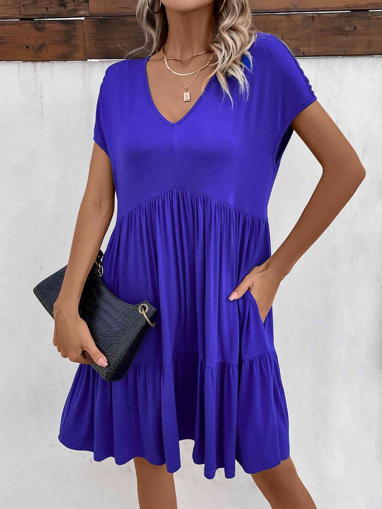 Product Image for V-Neck Short Sleeve Dress with Pockets, Royal Blue / XL