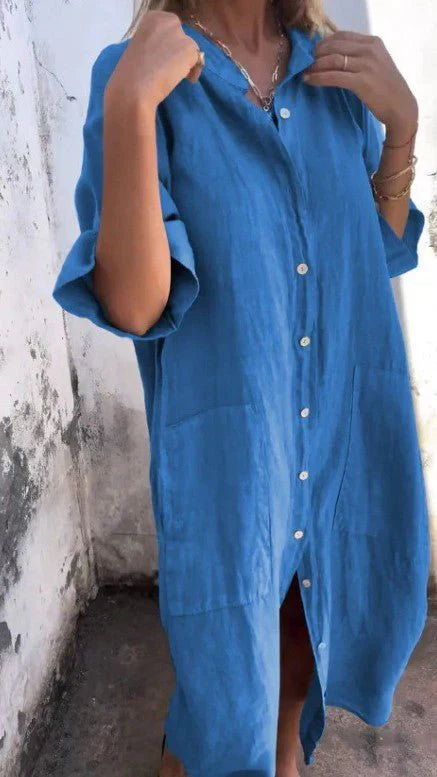 Product Image for Ivyshape | Elegant Linen Shirt Dress with Button Placket, Blue / L
