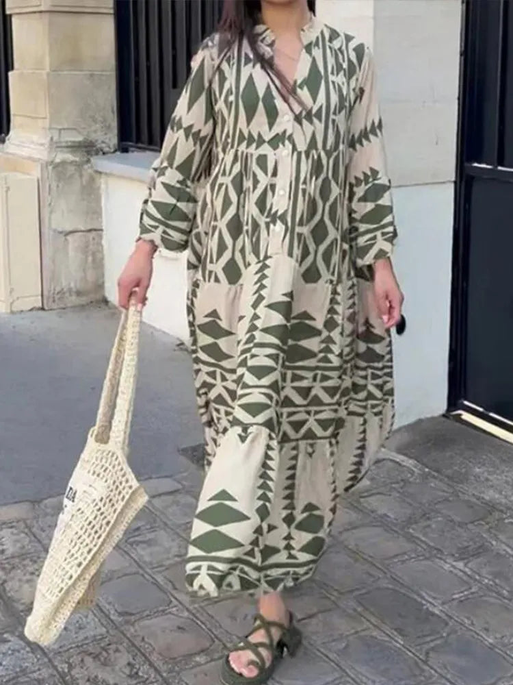 Product Image for Ivyshape | Oversized Linen Dress with V-Neck Retro Print, Green / L