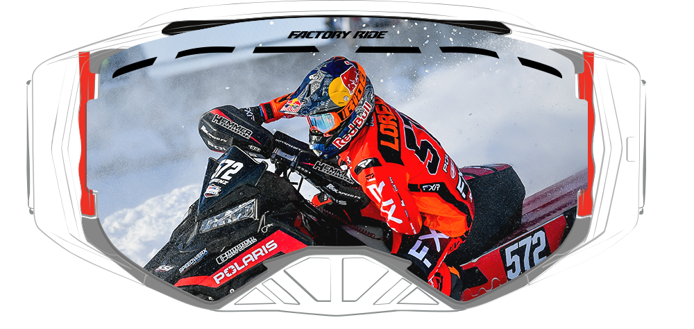 Image of a guy on a a snow mobile porting Factory Ride Goggles with FXR jerseys and pants