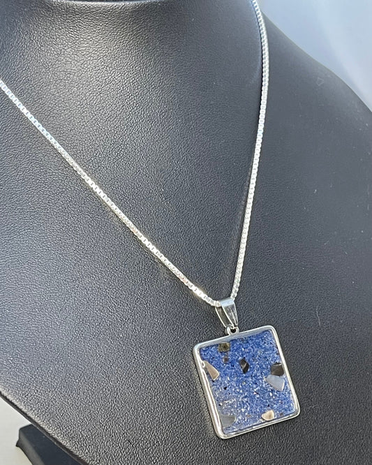 The Beach Shallow Square Resin Pendant in Stainless Steel Bezel (Handmade Necklace)