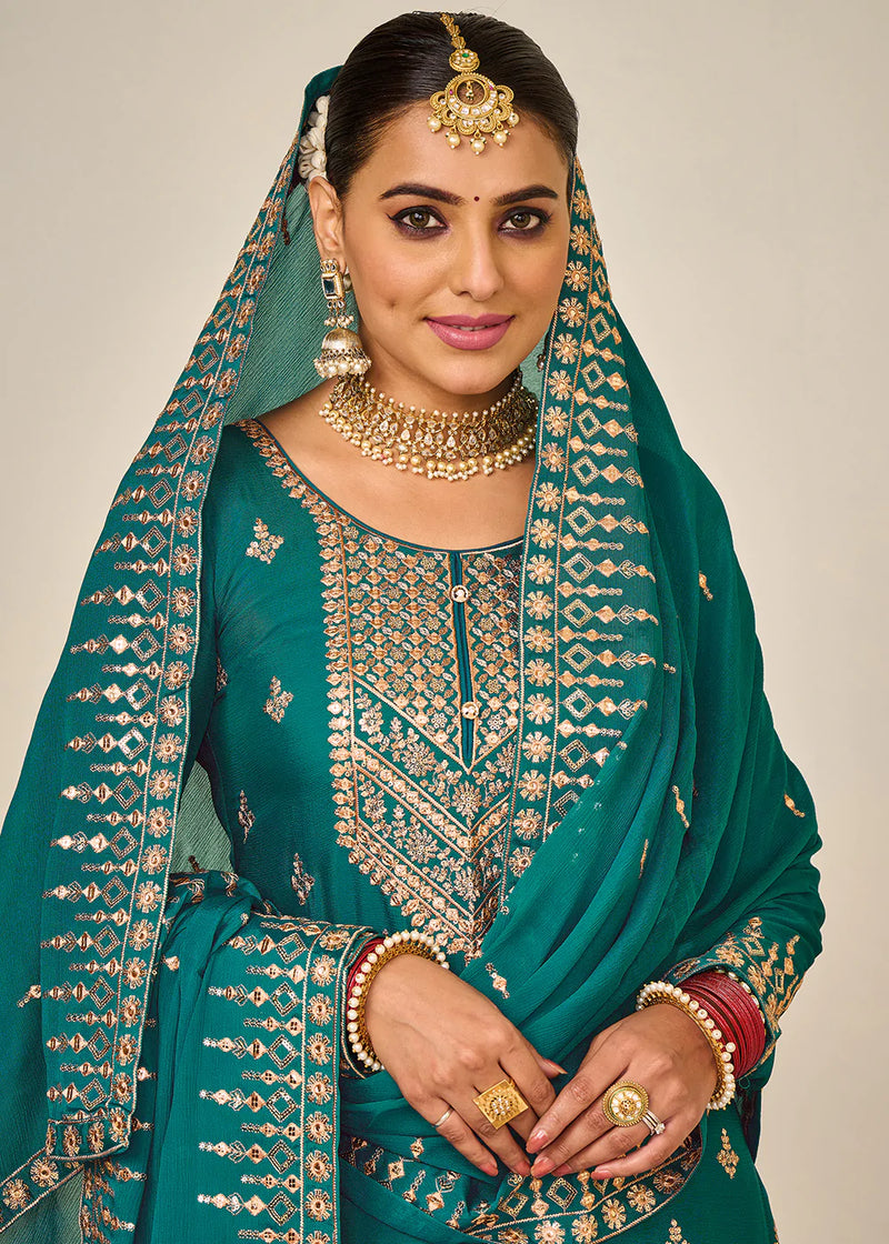 Teal Embroidered Palazzo Salwar Suit
