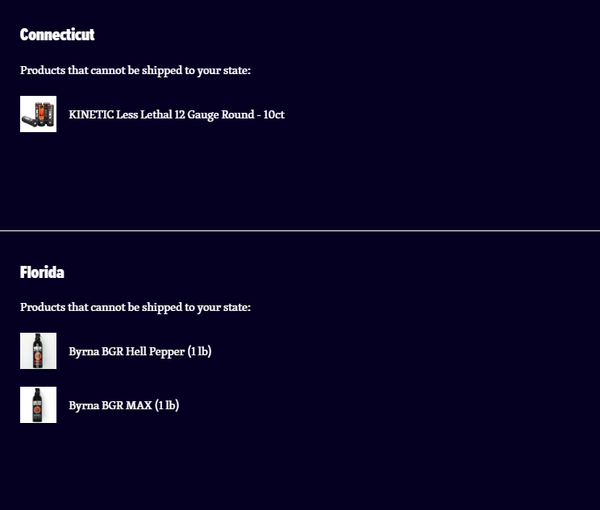 Byrna CT & Floria Shipping Ristrictions