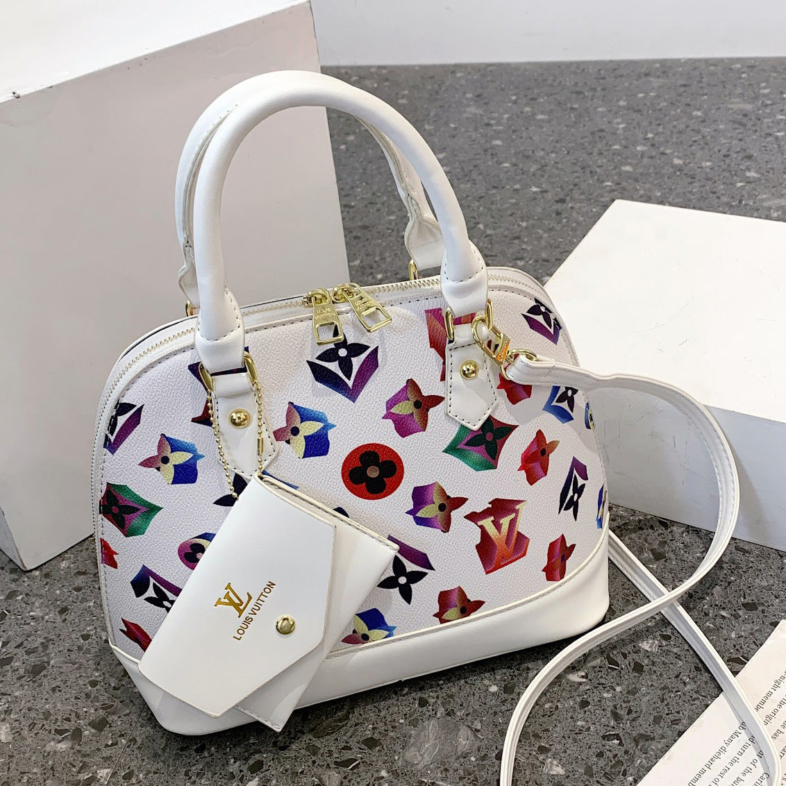 LV Louis Vuitton Fashion Ladies Colorful Letters Shoulder Messenger Bag Handbag Shell Bag