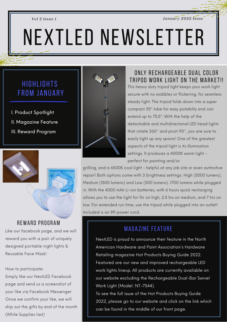 NextLED January Newsletter reward program giveaway tripod work light 